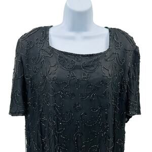 JMD New York Sheath Dress WMNS 3X Black Silk Beaded Short Sleeve Lined Back Zip